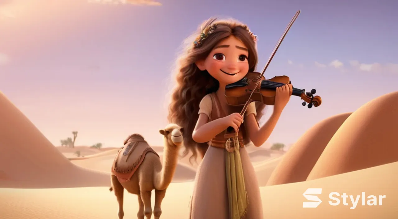 A young and beautiful girl with long hair, the girl smiles and plays the violin in a desert oasis, with a cute camel next to the girl