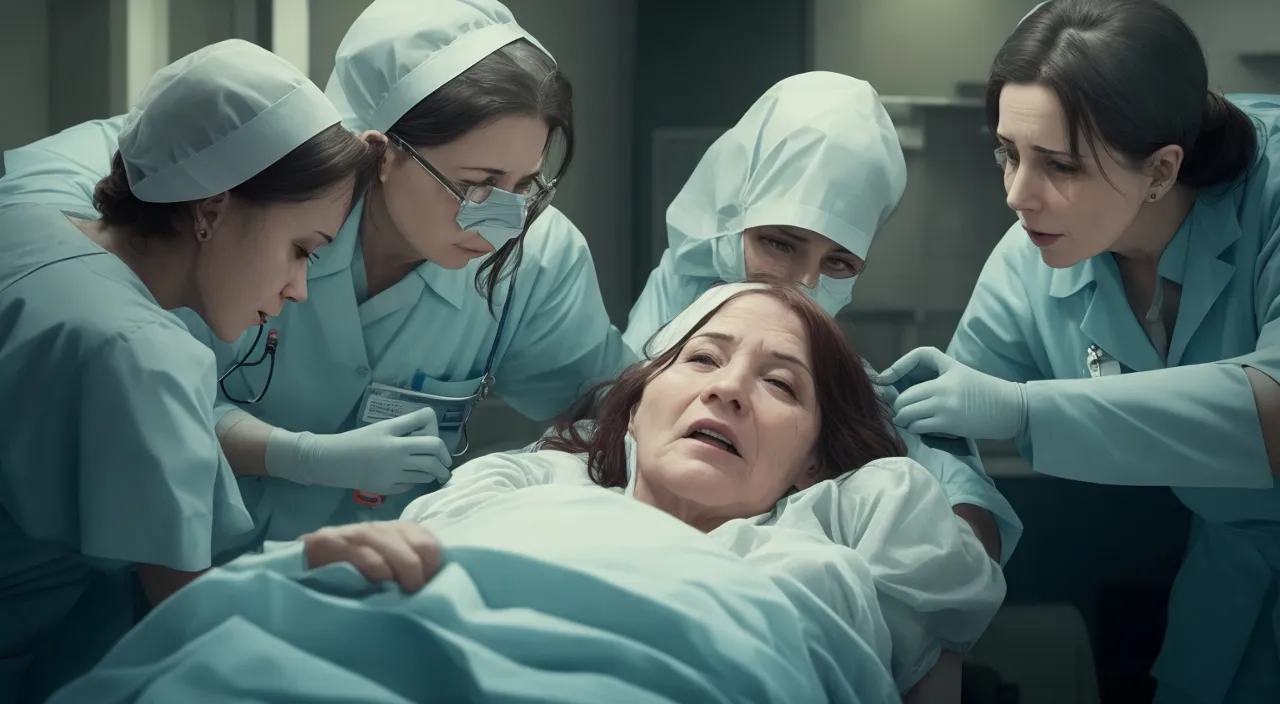 a group of nurses standing around a woman in a hospital bed