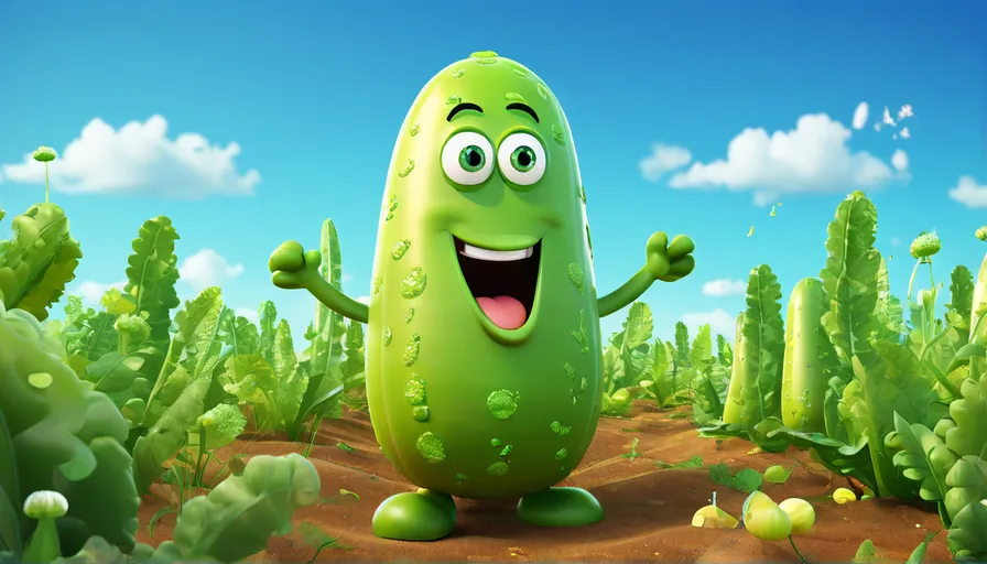 a cartoon cucumber standing in the middle of a field