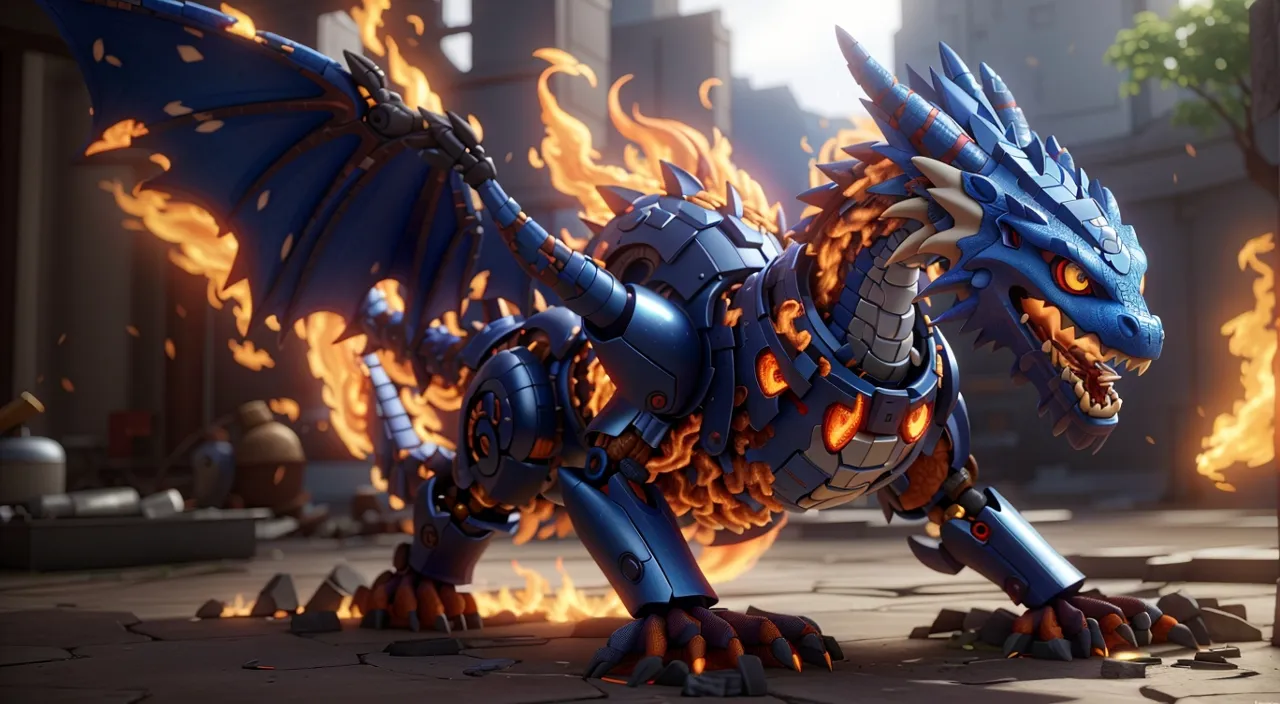 a blue dragon with flames in the background