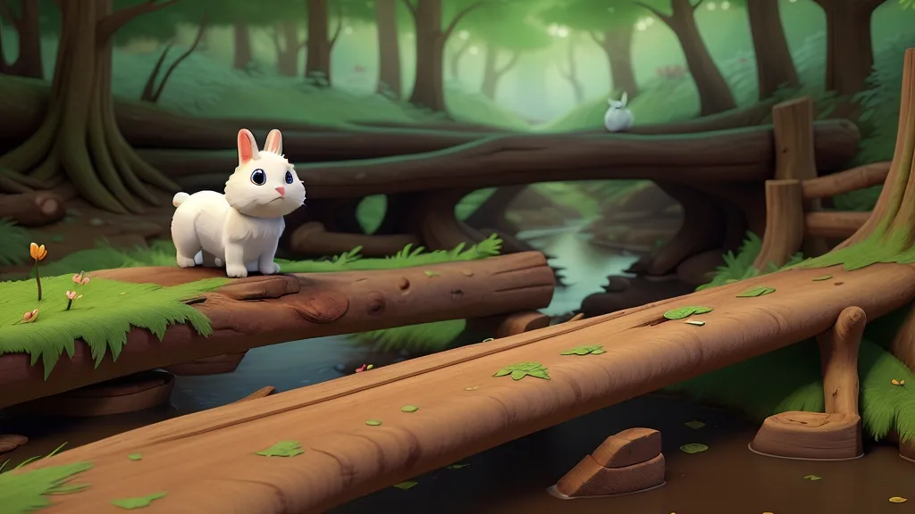 a white rabbit standing on a log in a forest