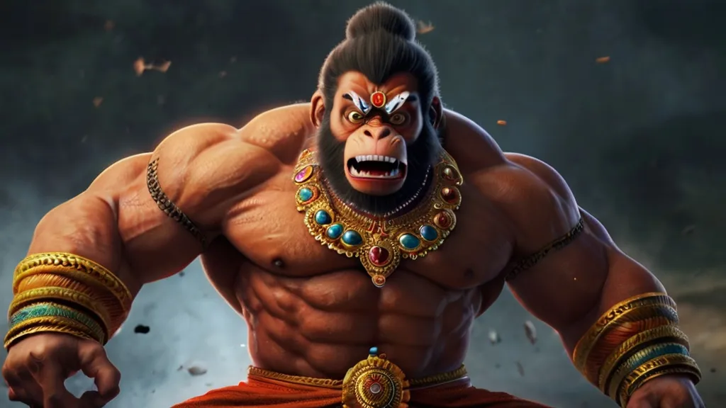 Create a god hanuman with a golden background, 8k, size of 1920x1080, colorful
