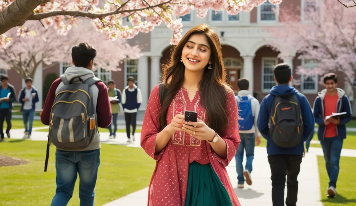 Campus Serenade: On a university campus, a Pakistani girl walking under a blossoming tree, a Bollywood song softly playing from her phone. The 4K wide shot captures students walking by and studying, but her smile and dreamy gaze reveal she is thinking about her boyfriend, who is attending a university in the United States, lost in her own romantic world.