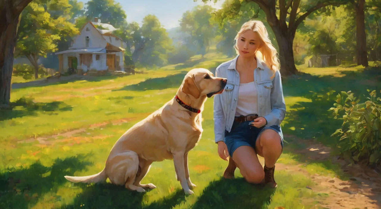 a woman kneeling down next to a golden Labrador dog