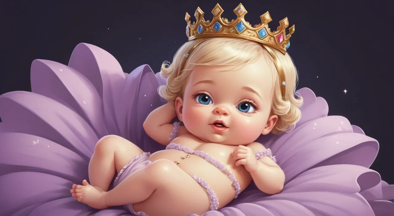 a baby wearing a tiara laying on top of a purple flower