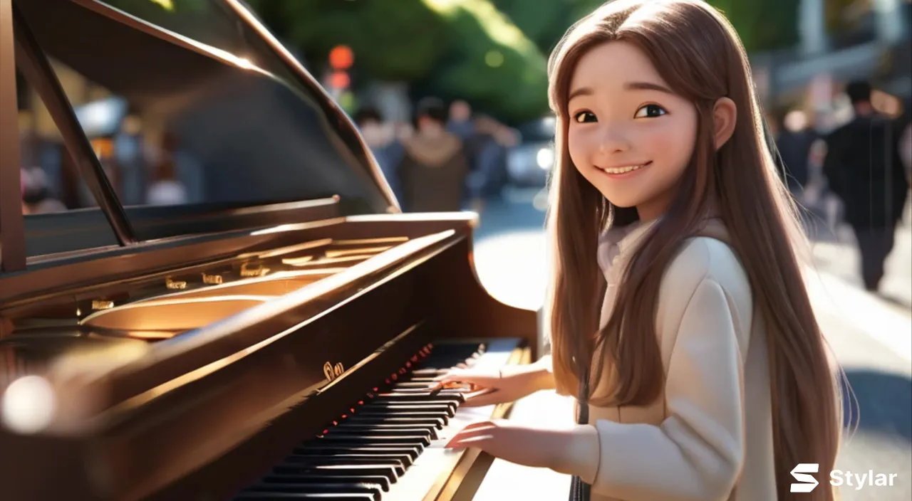 A young beautiful girl with long hair, the girl smiles and plays the piano on the streets of Omotesando, Tokyo