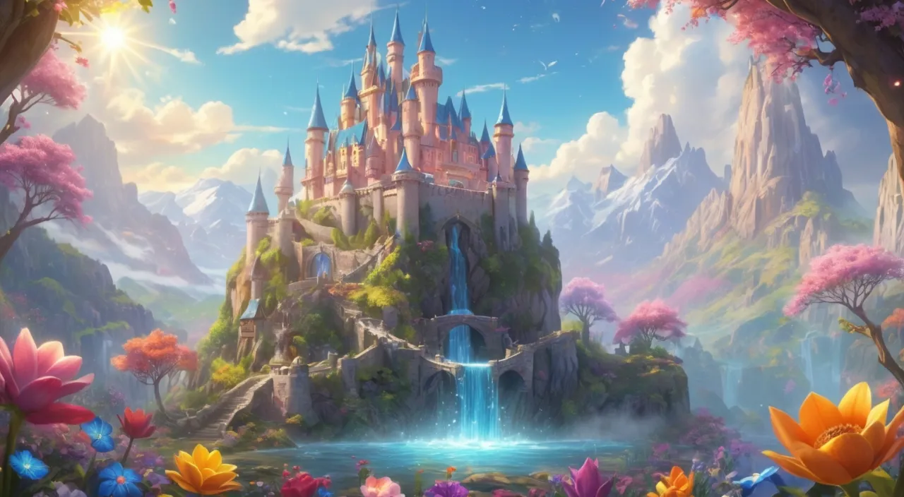 a painting of a castle surrounded by flowers