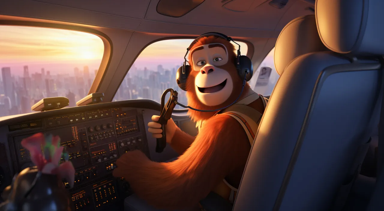 a monkey wearing headphones sitting in the cockpit of a plane