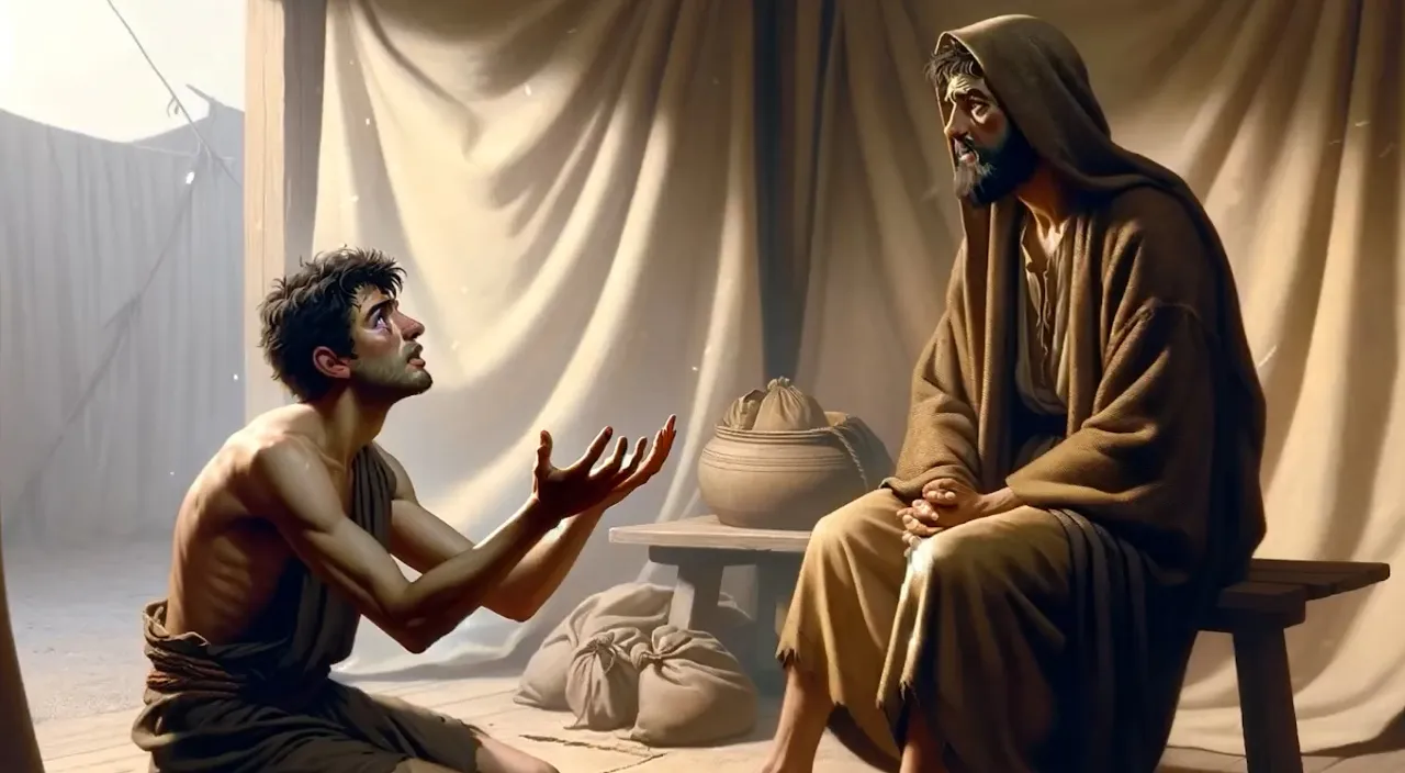 a painting of a man talking to another man