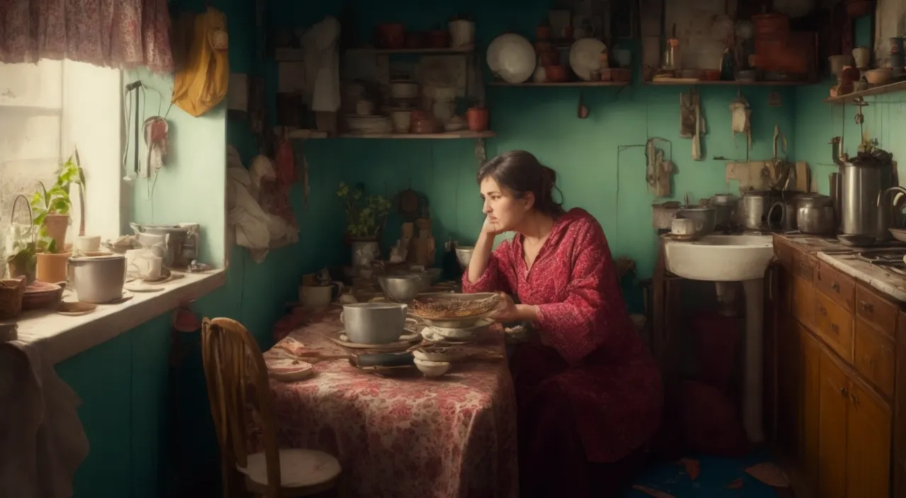 a woman sitting at a table in a kitchen