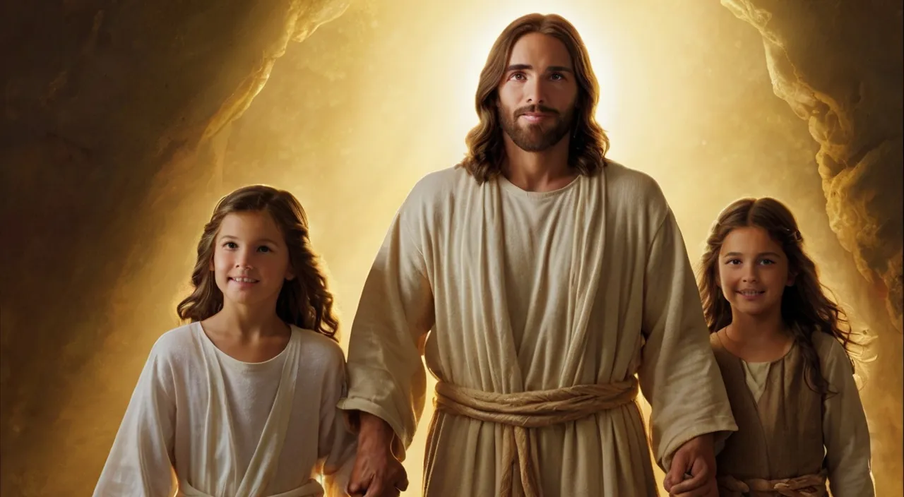 a man and two little girls standing in front of jesus