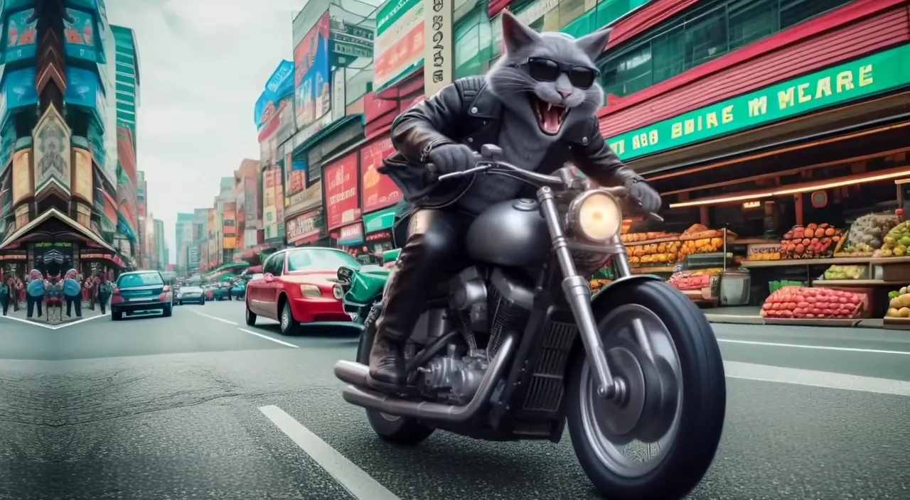 a cat riding a motorcycle on a city street