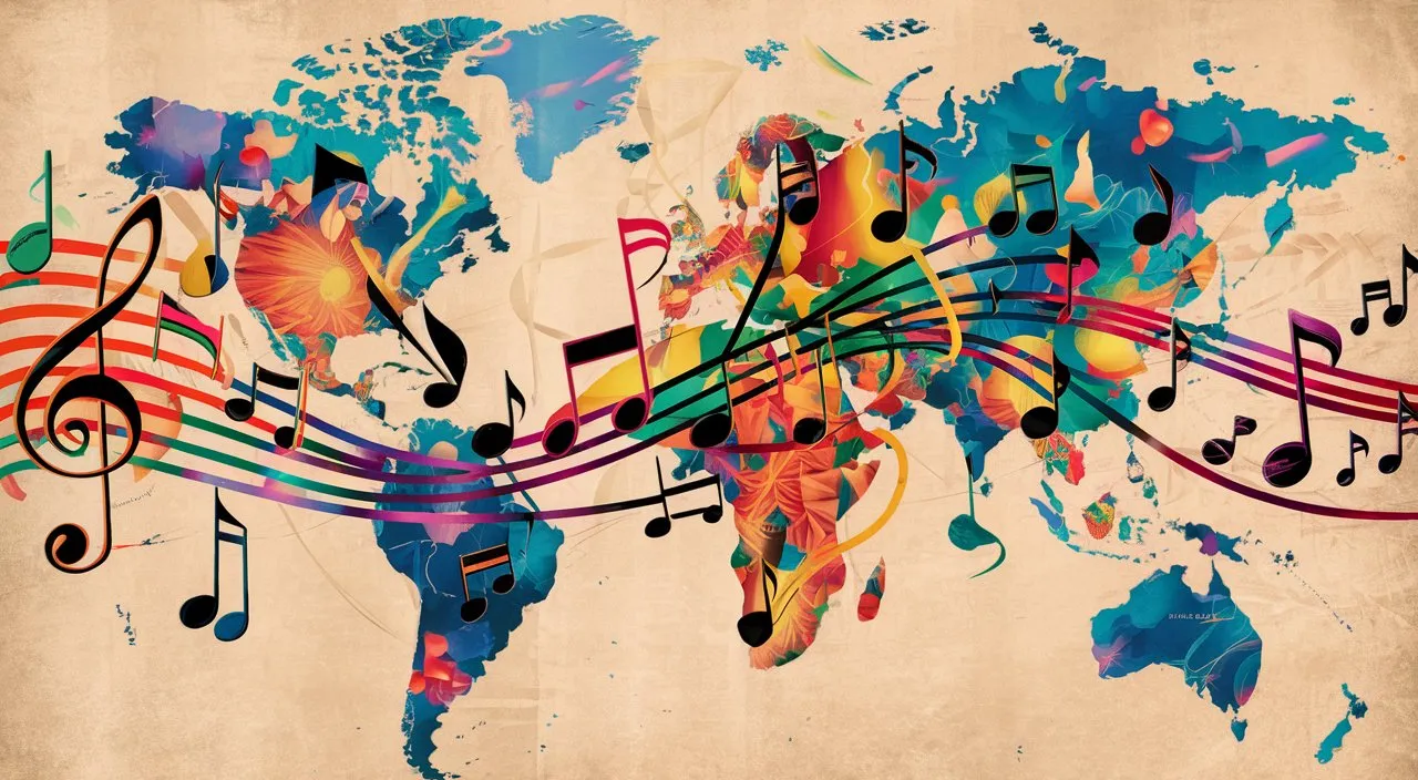 An artistic representation of musical notes connecting people from different cultures and generations.