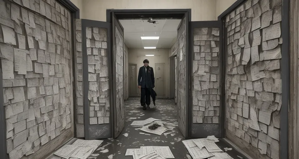 a man standing in a hallway with lots of papers on the floor