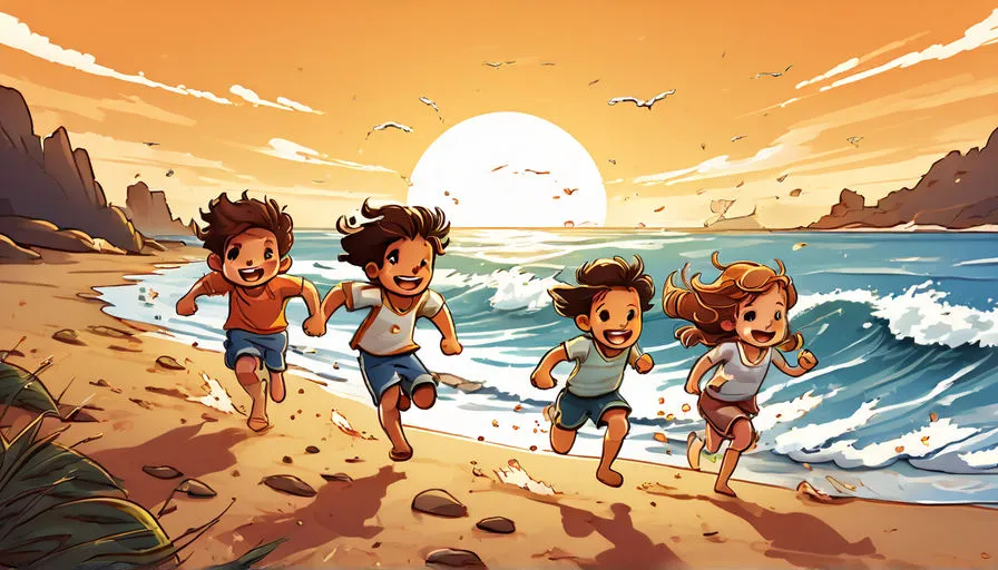 a group of children running along a beach