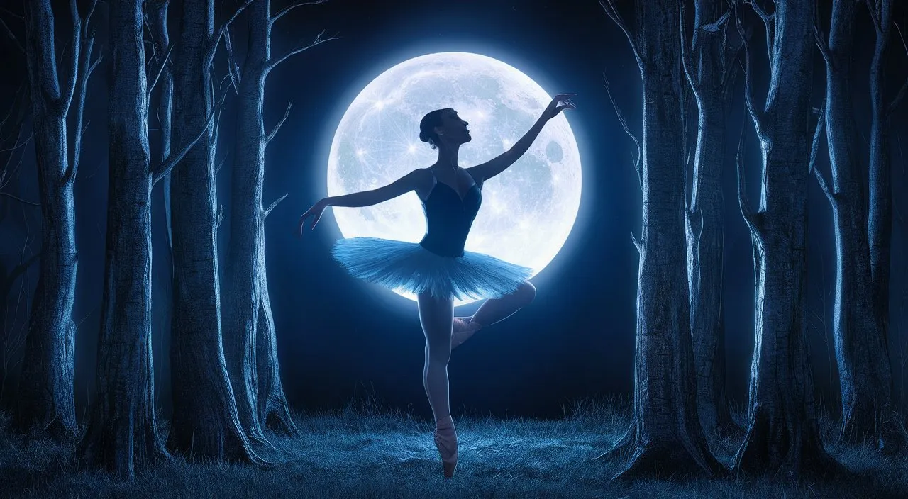 a ballerina in a blue tutu in front of a full moon