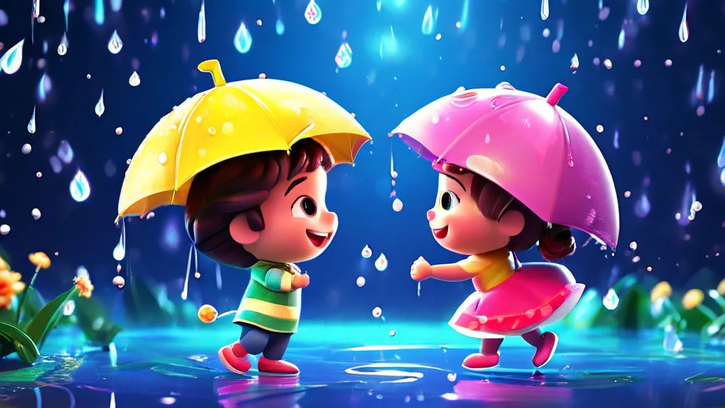 two children playing in the rain with umbrellas