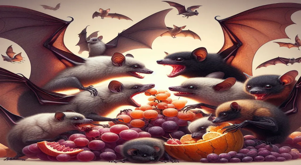 a group of bats eating grapes and oranges