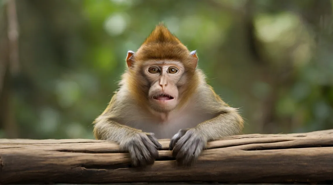 a monkey sitting on top of a wooden log