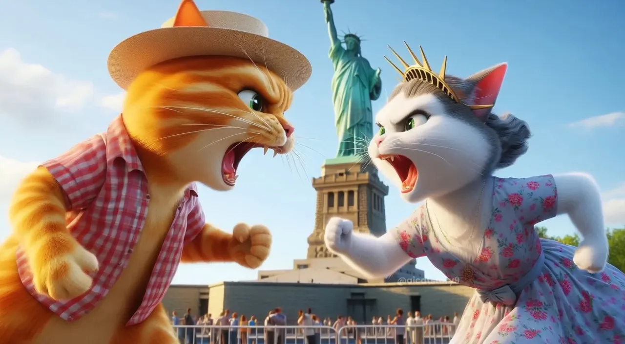 a couple of cats standing next to each other in front of a statue of liberty