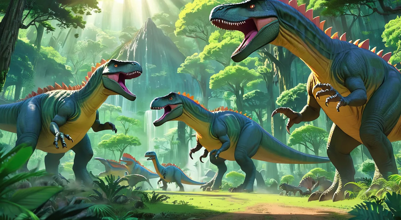 a group of 5 dinosaurs walking through a forest