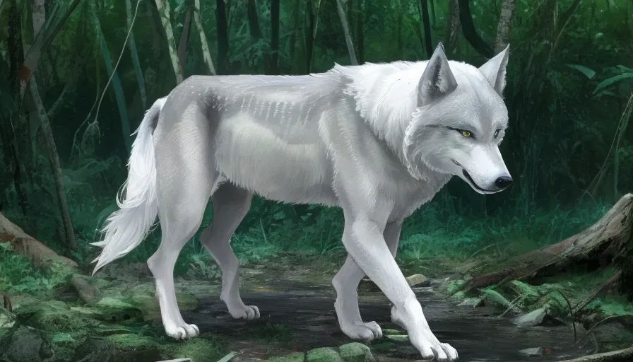 a white wolf standing in the middle of a forest, looking for food, Anime