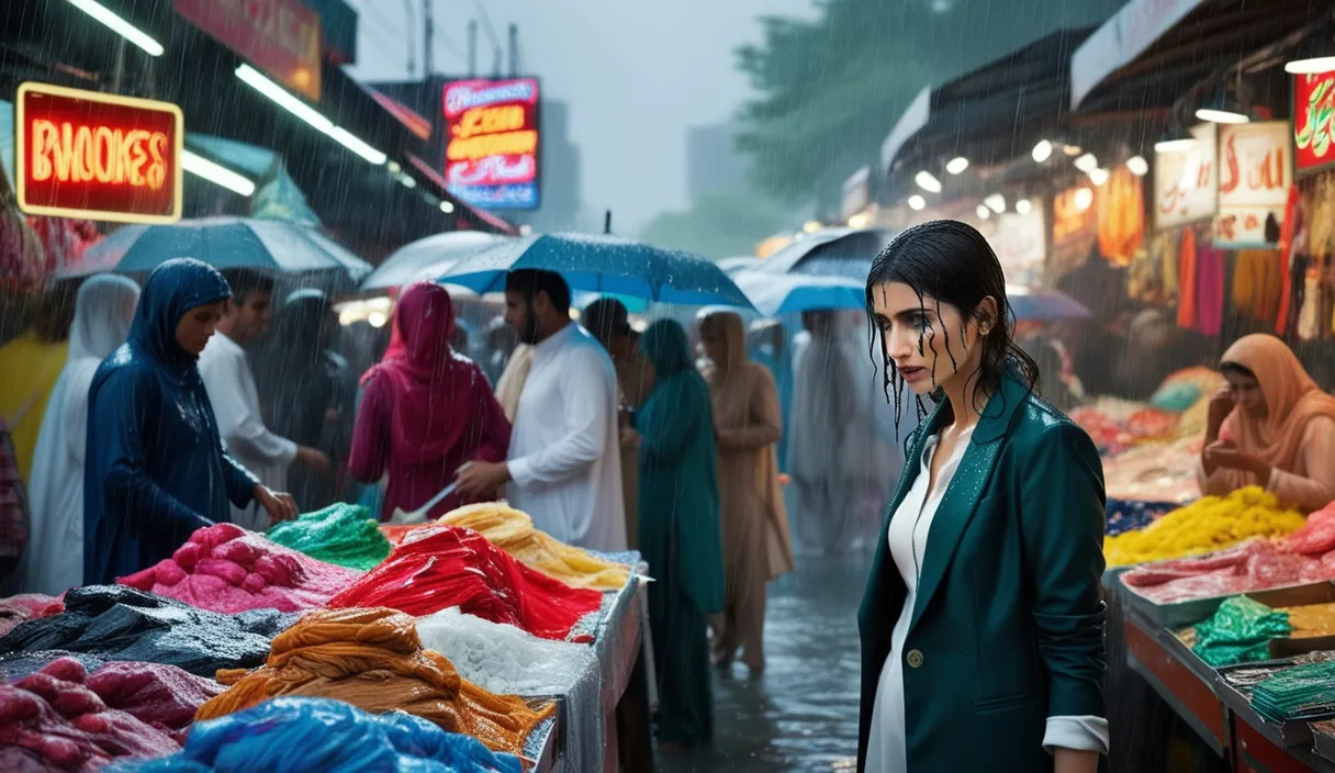 Monsoon Market (8K): Rain pummels a bustling bazaar, blurring neon signs. A lone Pakistani woman, tears mixing with rain, searches the crowd, her modern outfit a stark contrast to colorful displays.