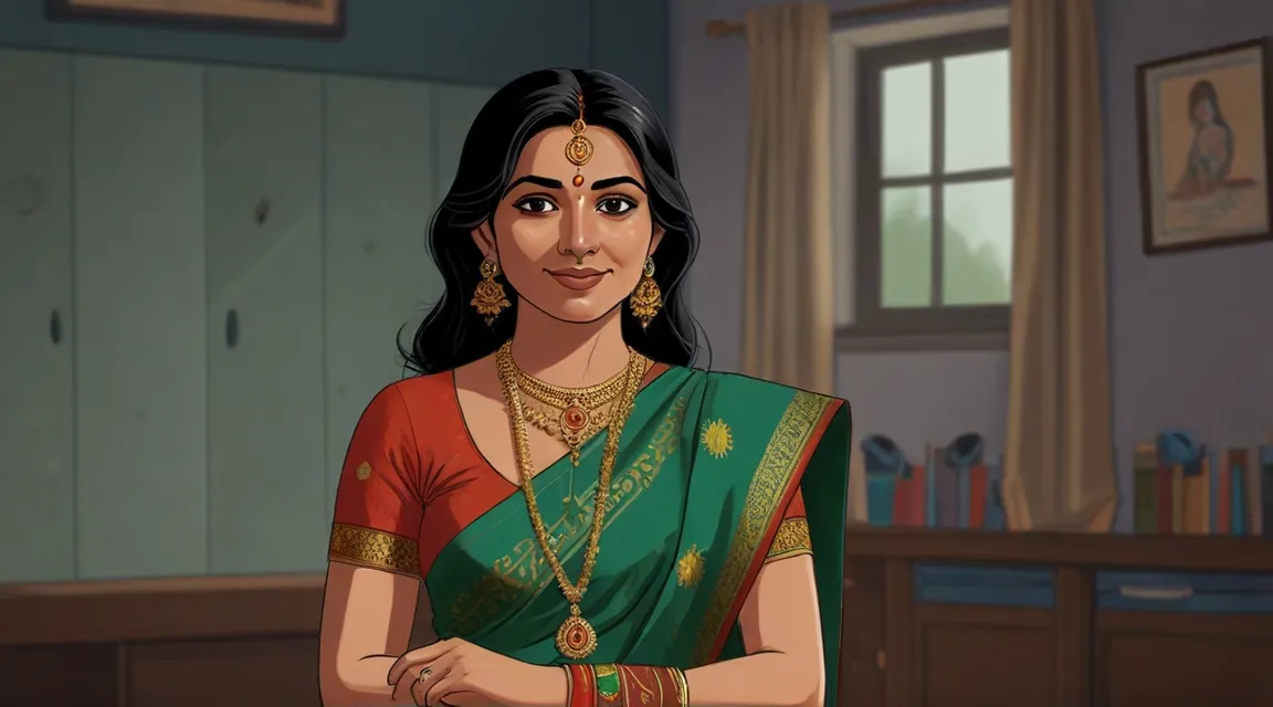 a cartoon of a woman in a green sari