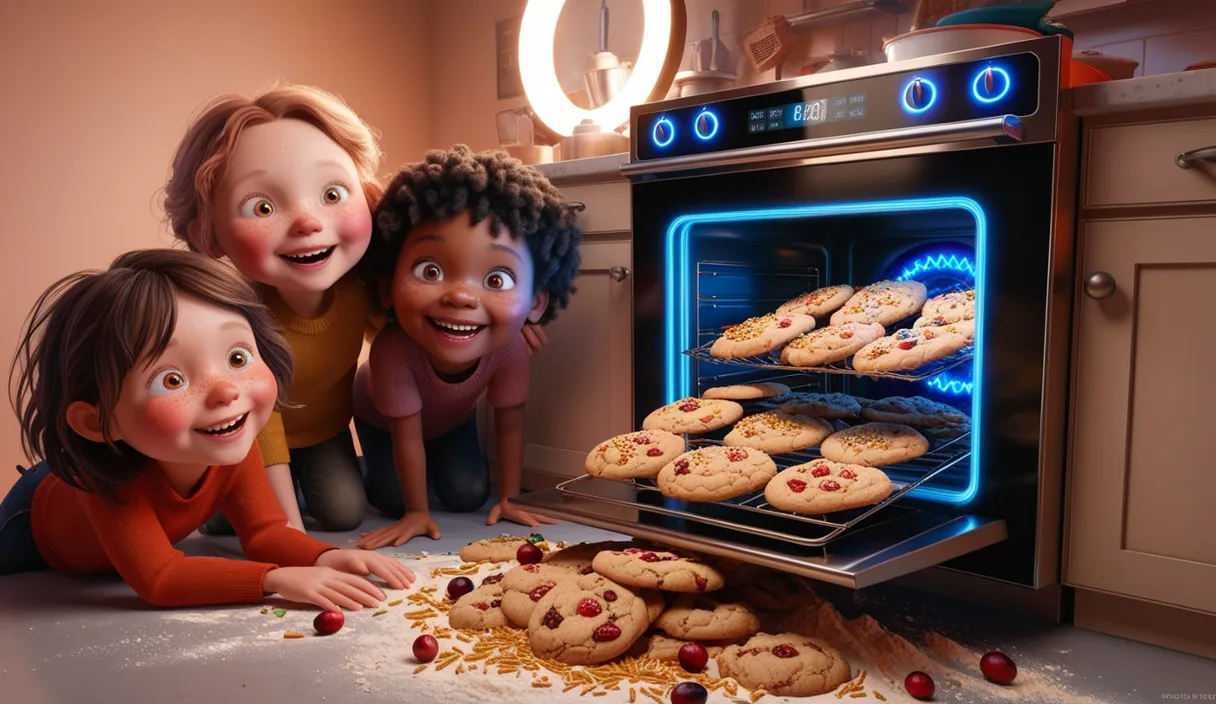 a group of children looking at cookies in an oven