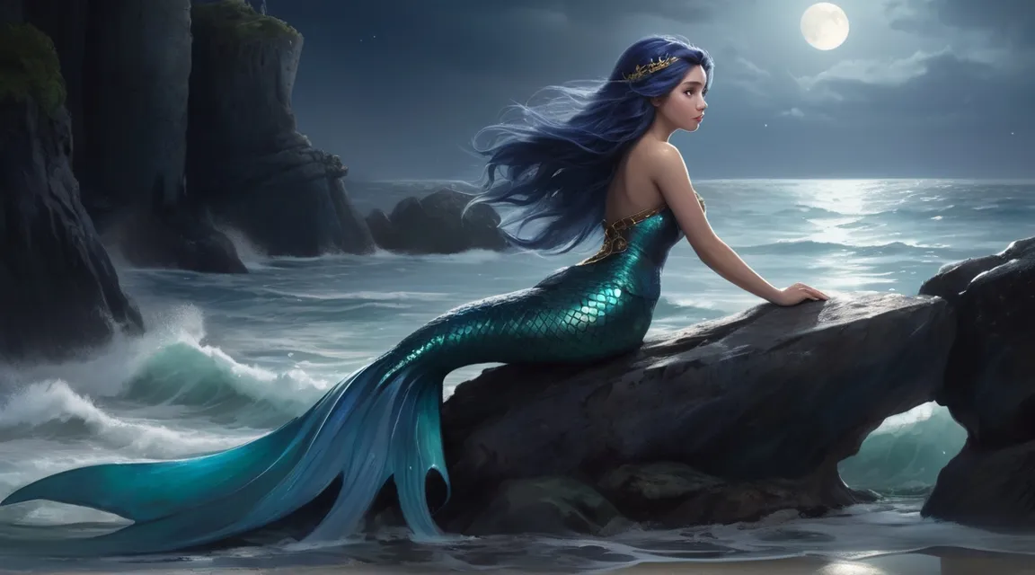 a mermaid sitting on a rock in the ocean suddenly turn back and shocked