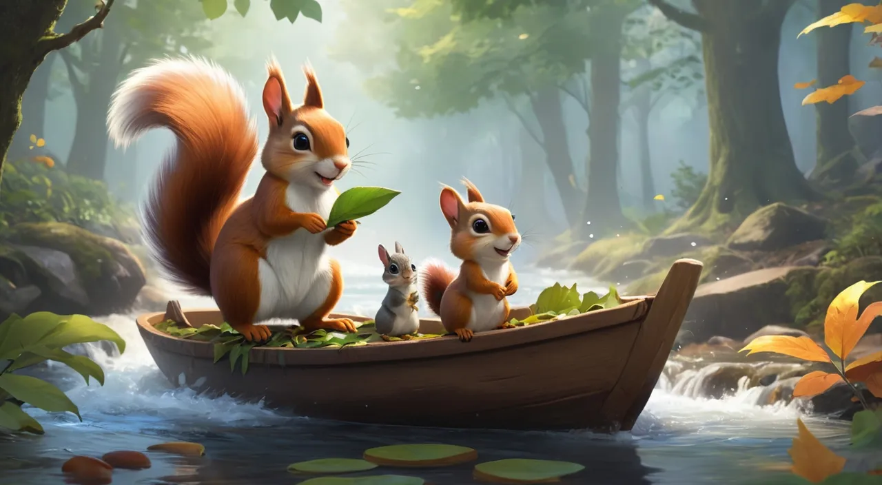 the bunny, the squirrel, and the chipmunk are gathered by the stream, constructing little boats out of leaves. 