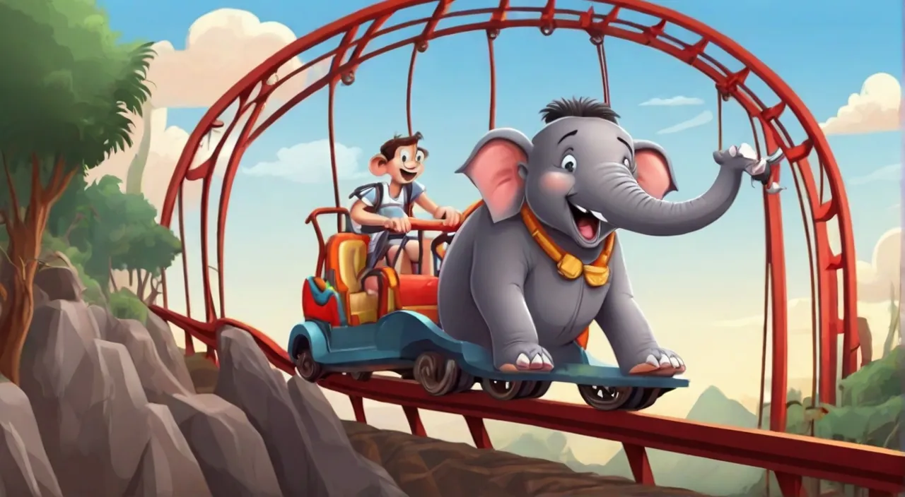 a cartoon elephant riding a roller coaster