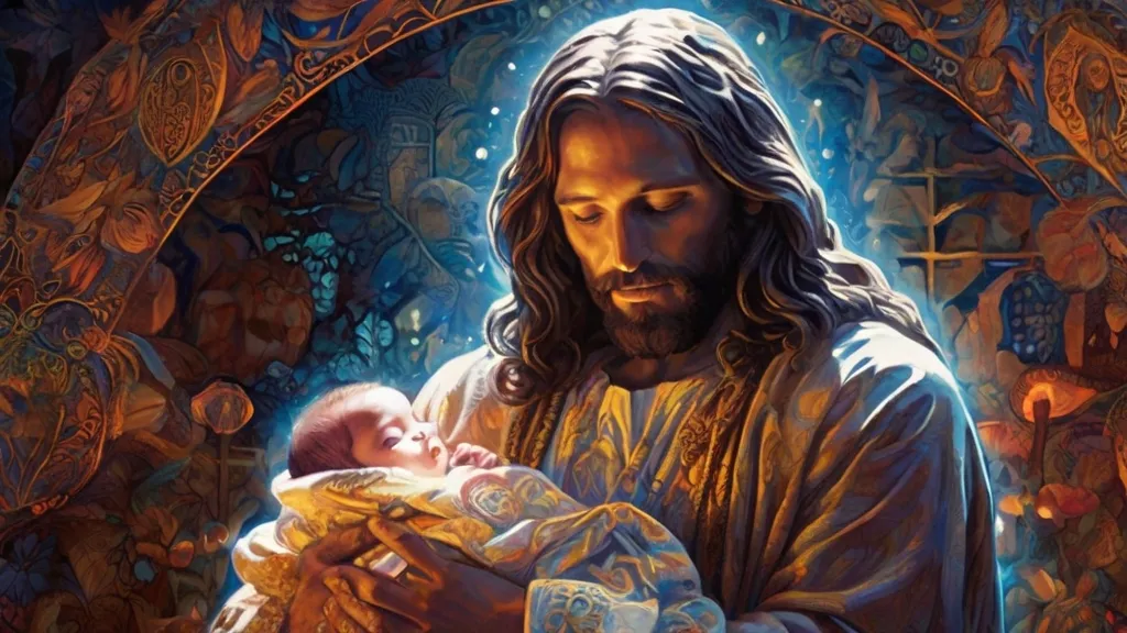 a painting of jesus holding a baby in his arms