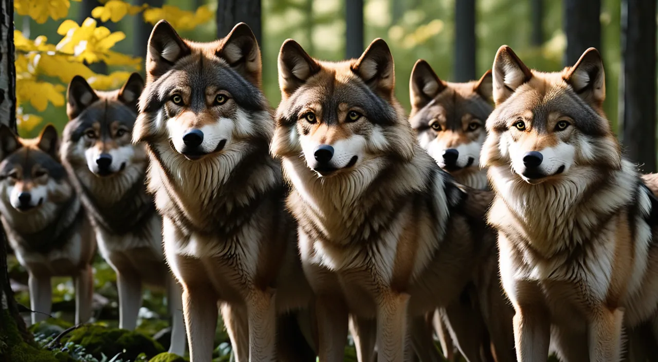 a group of wolves standing next to each other