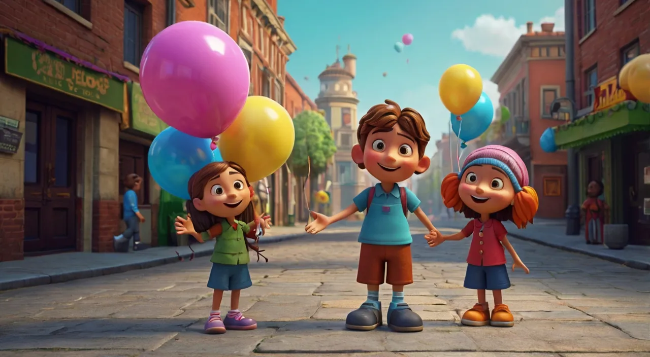 a group of children standing on a street with balloons