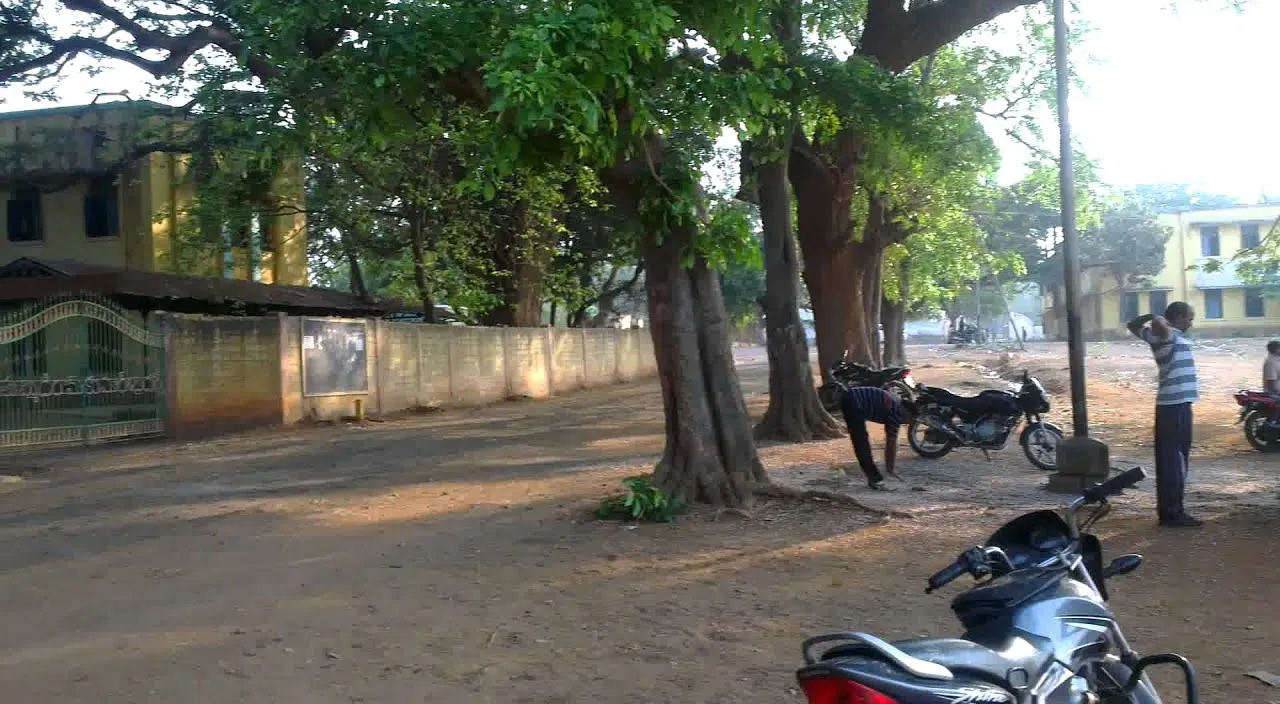 a motorcycle parked on a dirt road next to a tree in an old collage ground