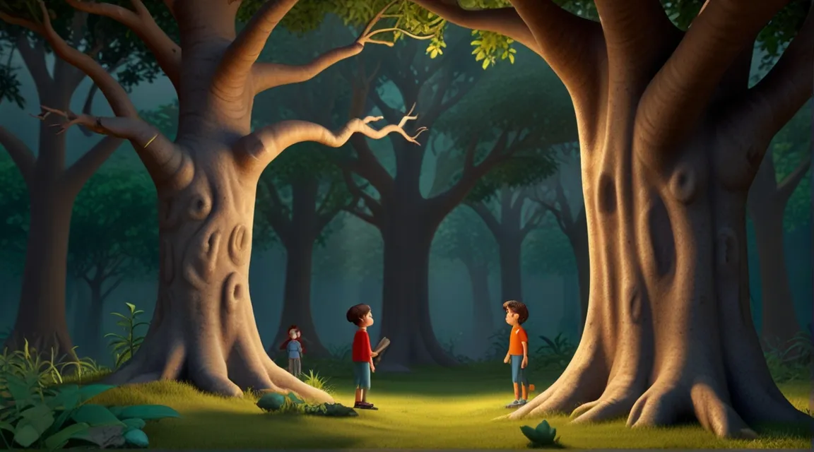 a painting of two children standing in the middle of a forest