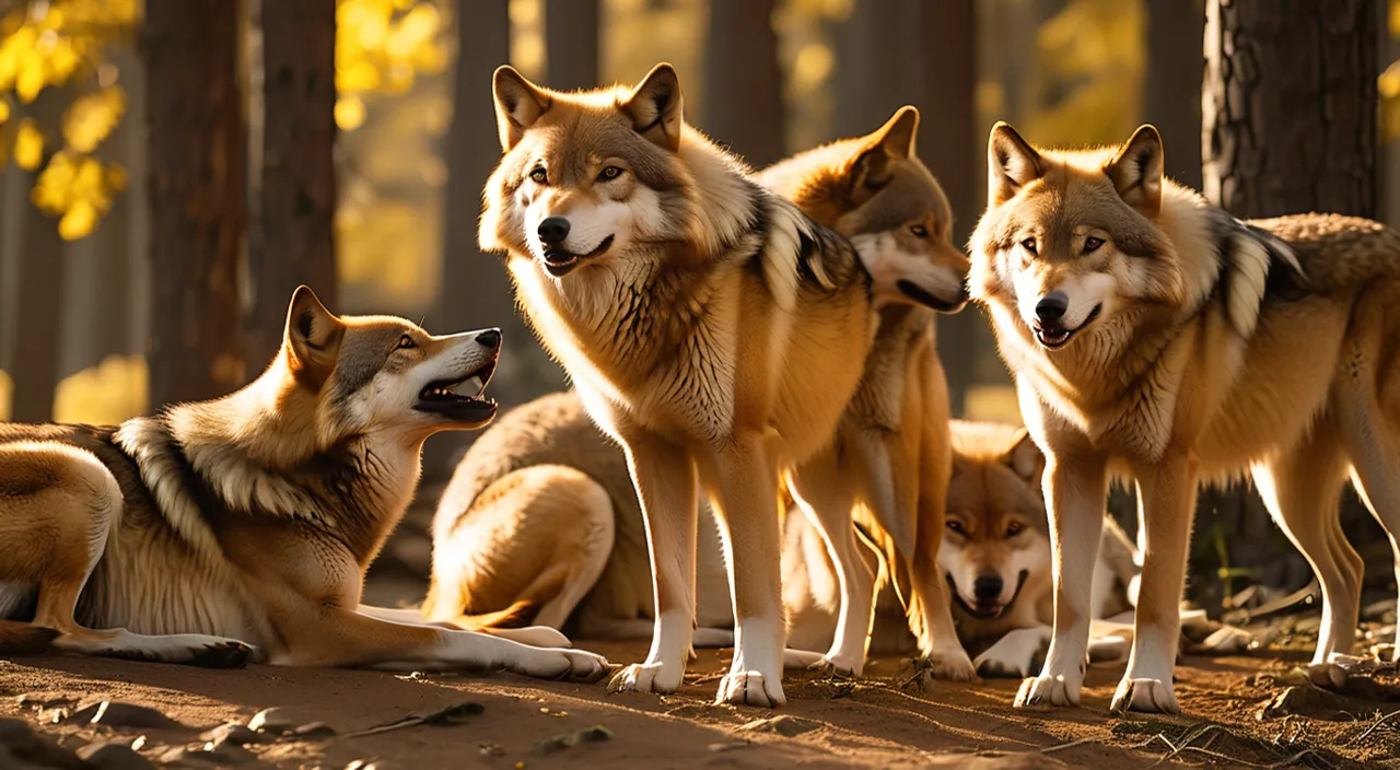 a group of wolfs are standing in the woods