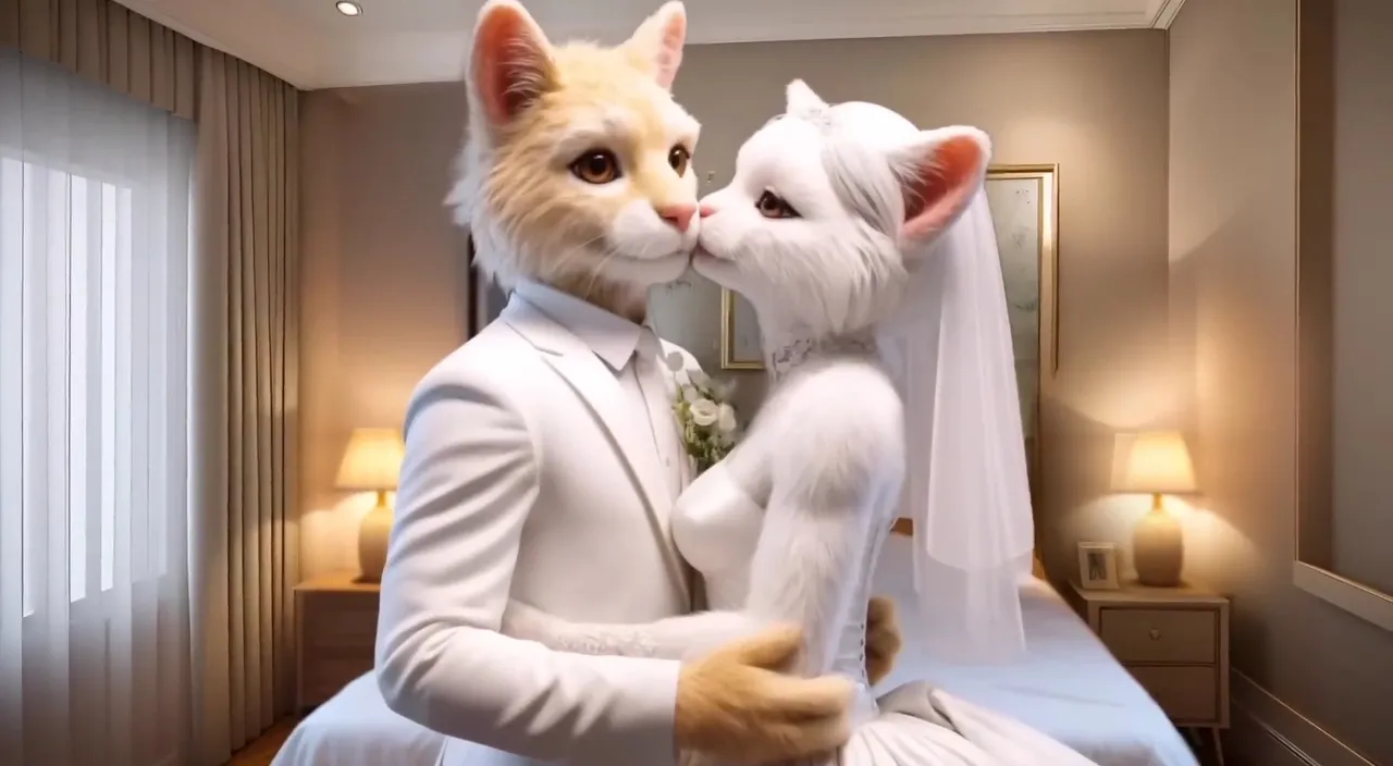 a white cat in a white suit and a white cat in a white wedding dress