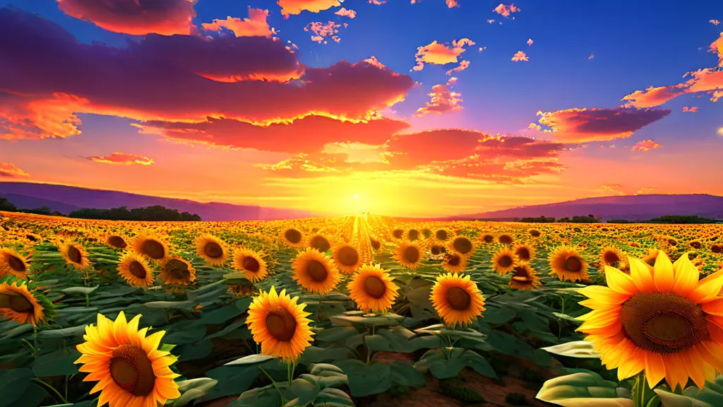 a field of sunflowers with the sun setting in the background