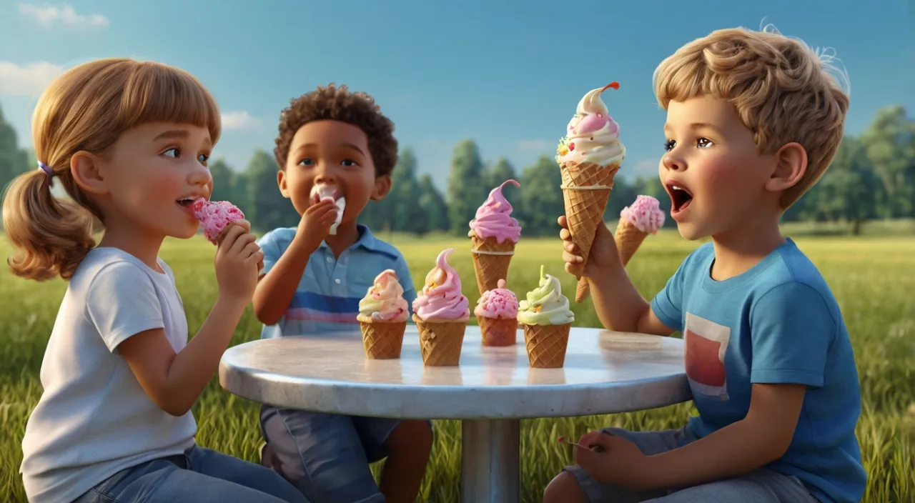 three children sitting at a table eating ice cream cones