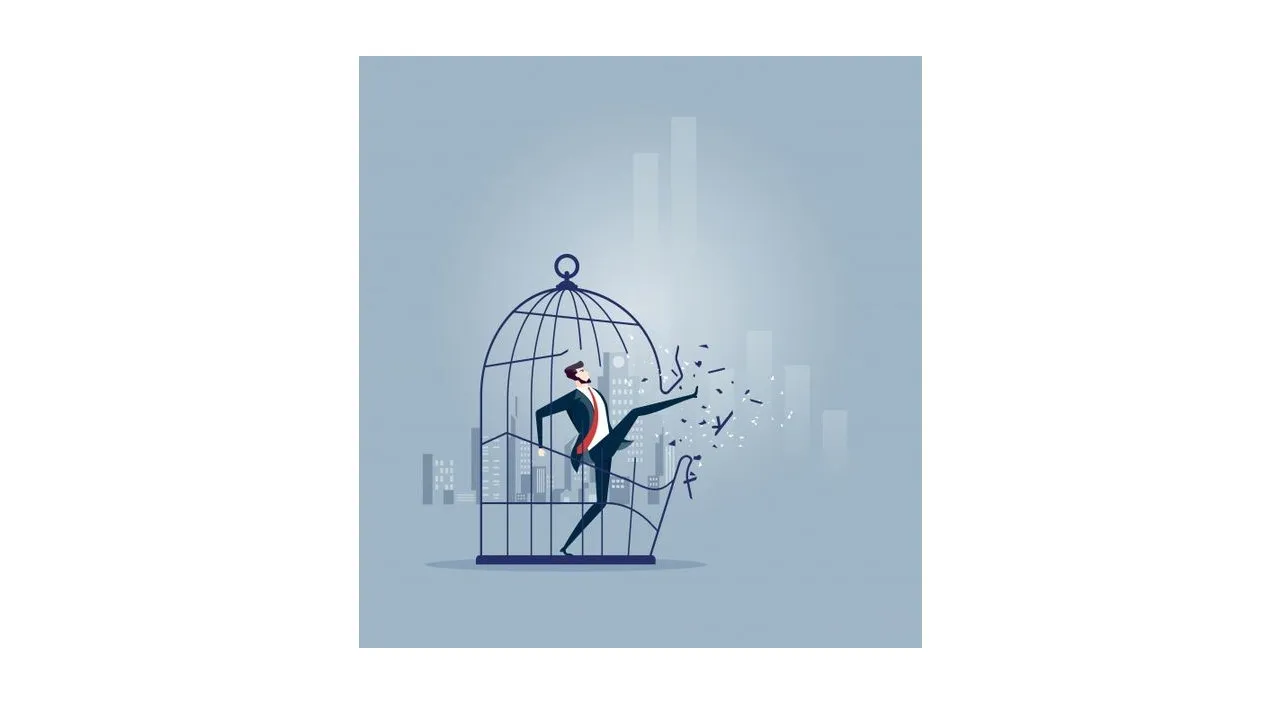 a man in a suit breaks the notes from a cage to free himself