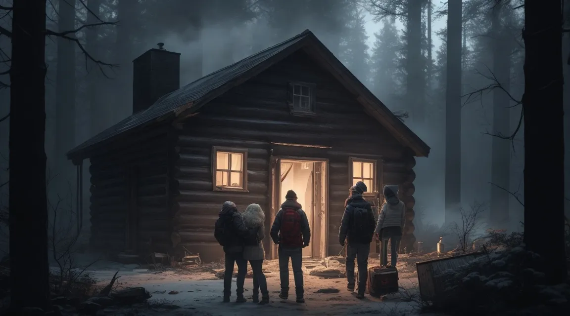 a group of people standing in front of a cabin