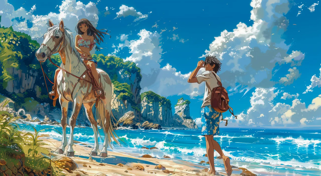 On the beach, a young girl wearing a white floral vest and white floral shorts, riding a white horse, a boy wearing a white T-shirt and blue floral shorts, holding a mobile phone to take pictures of the girl