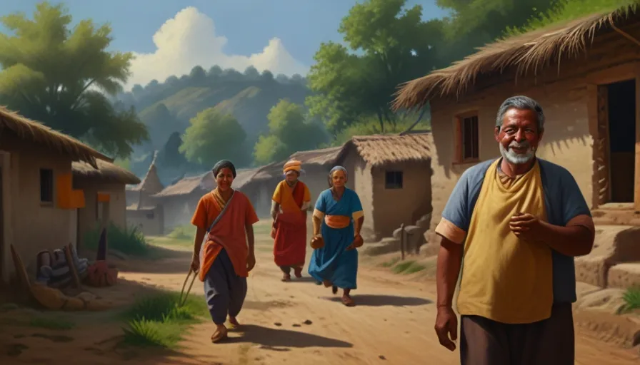 a painting of people walking down a dirt road