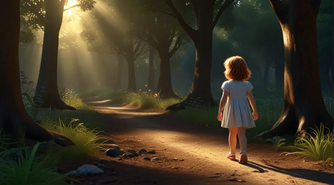 a little girl standing in the middle of a forest