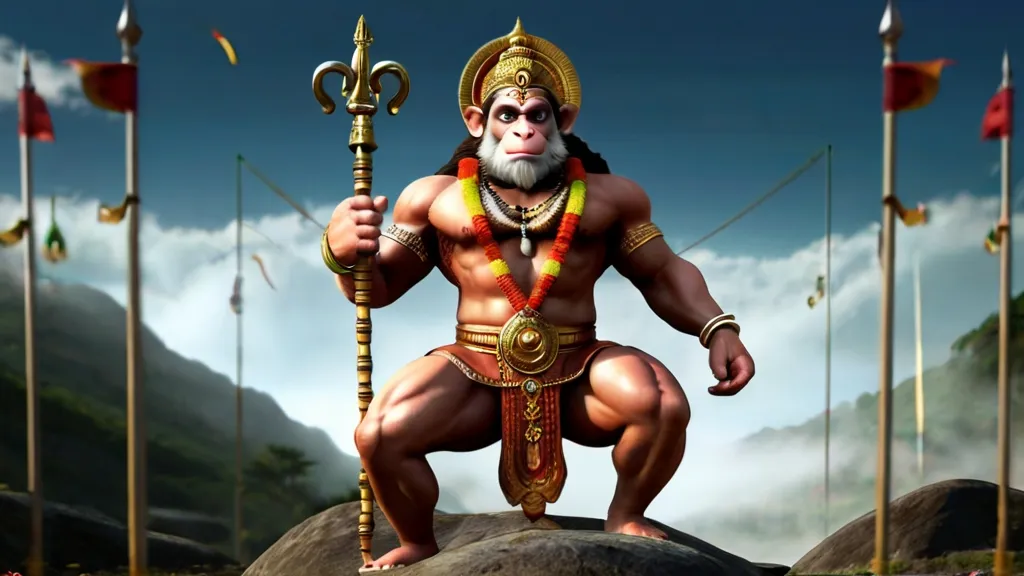 Create a god hanuman with a golden background, 8k, size of 1920x1080, colorful
