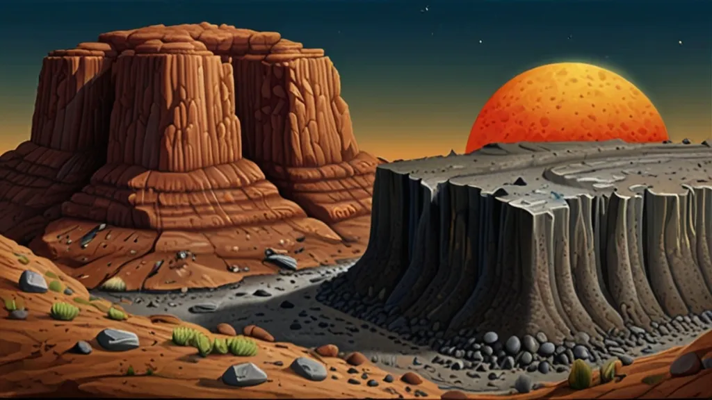 a desert landscape with rocks and a large orange ball