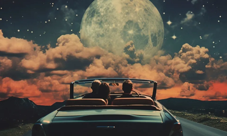 a car driving down a road with a full moon in the background