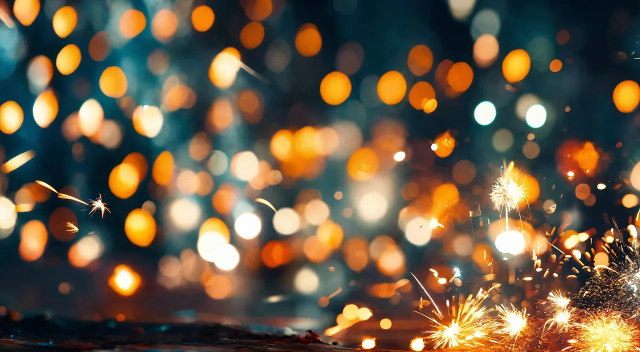 a close up of a fireworks with blurry lights in the background